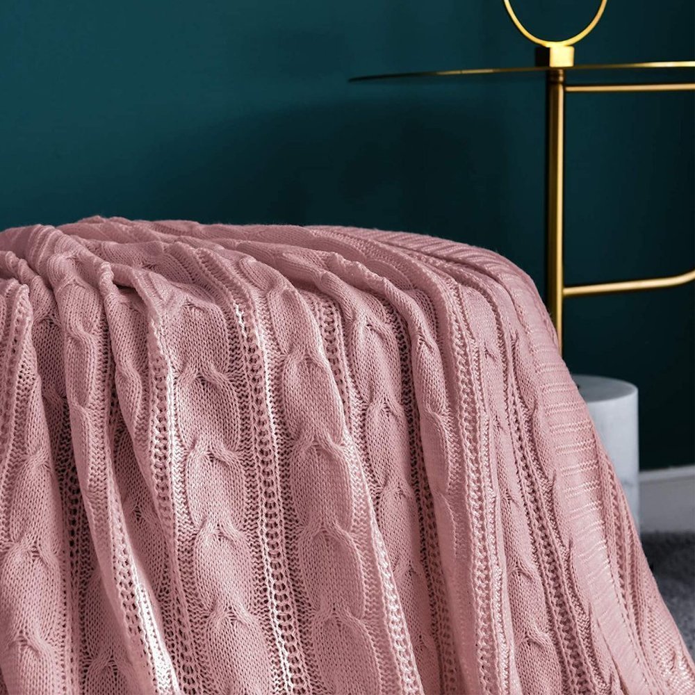 Pink Cozy Knit Cable Knit Weave Pattern Decorative Bed Warm Accent Couch Blanket - Picture 6 of 8